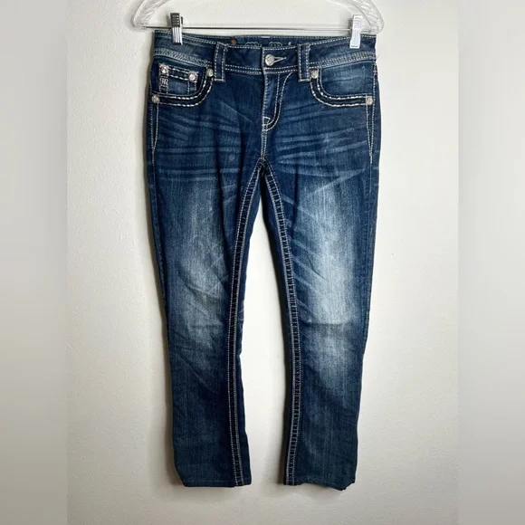 Miss Me Low Rise Dark Wash Rhinestone Faux Flap Pocket Jean Sze 27 (30X28.5) - Picture 1 of 10